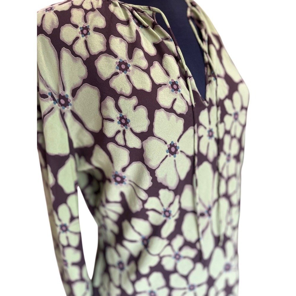 Retro Floral V-Neck Tie Front Blouse Lime Green Brown Long Sleeve Top - Picture 4 of 11